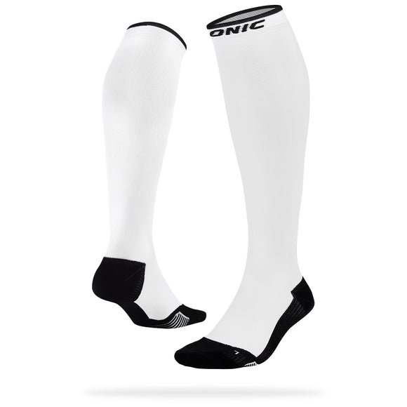 ONIC GEAR Sport Kompressionsstrümpfe - Damen & Herren - Weiß, kniehoch mit stabilisierenden schwarzen Akzenten und hohem Tragekomfort.