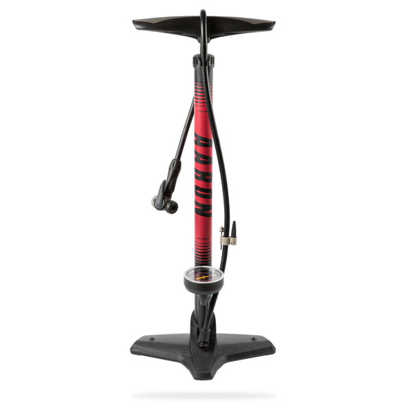 AARON Sport One Fahrradpumpe - Rot mit universalem Doppelpumpenkopf, Manometer und stabilem Standfuß für alle Ventile.