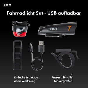 AARON LUX Fahrradlicht Set - StVZO zugelassen - Front- und Rücklicht