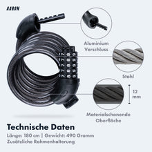 Laden Sie das Bild in den Galerie-Viewer, AARON Spin Fahrradschloss - mit Zahlencode - 180 cm