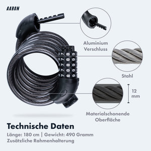 AARON Spin Fahrradschloss - mit Zahlencode - 180 cm