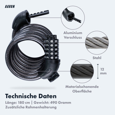 AARON Spin Fahrradschloss - mit Zahlencode - 180 cm