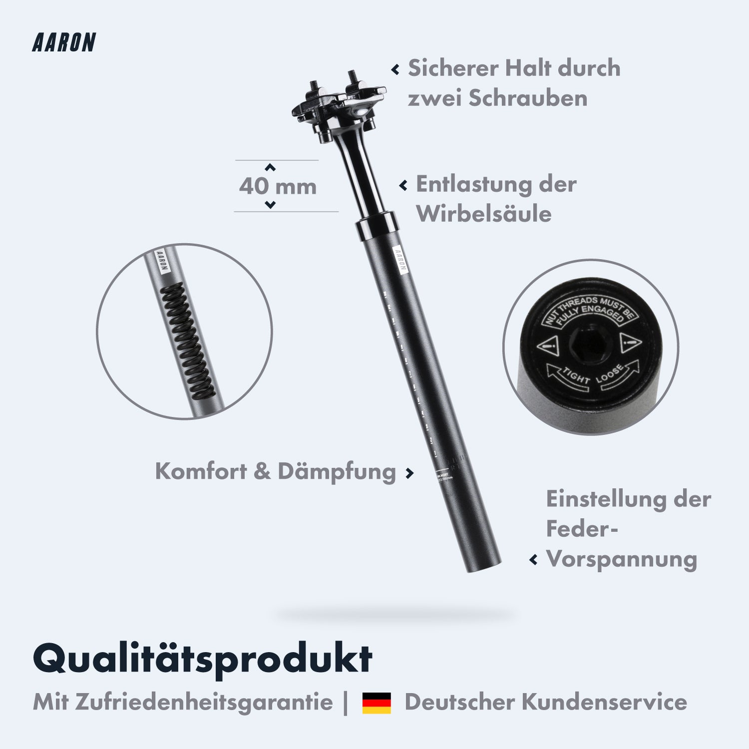 AARON Shock Federsattelstütze mit 27,2, 30,9 oder 31,6 mm Durchmesser