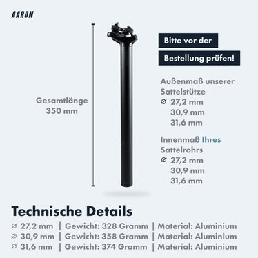 AARON Post Sattelstütze - 30,9 oder 31,6 mm - 350mm Länge