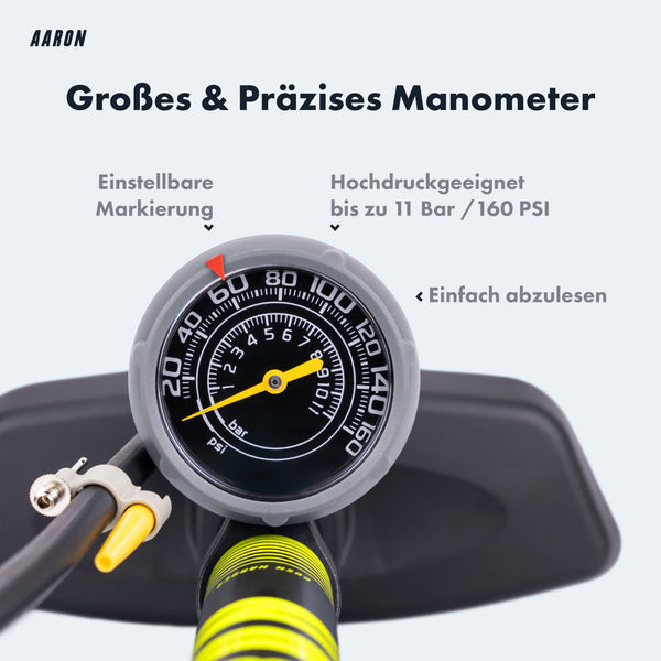 Nahaufnahme des Manometers der AARON Sport One 3.0 Fahrradpumpe - Gelb mit gut ablesbarer Skala bis 11 Bar