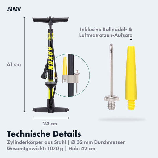 AARON Sport One 3.0 Fahrradpumpe - Gelb mit Ballnadel- und Luftmatratzen-Aufsatz und technischen Details vor weißem Hintergrund