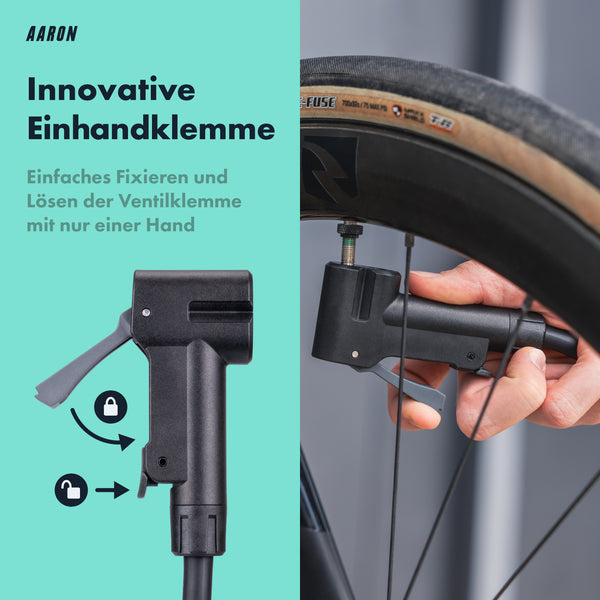 Nahaufnahme der innovativen Einhandklemme der AARON Sport One 3.0 Fahrradpumpe - Blau am Fahrradventil montiert