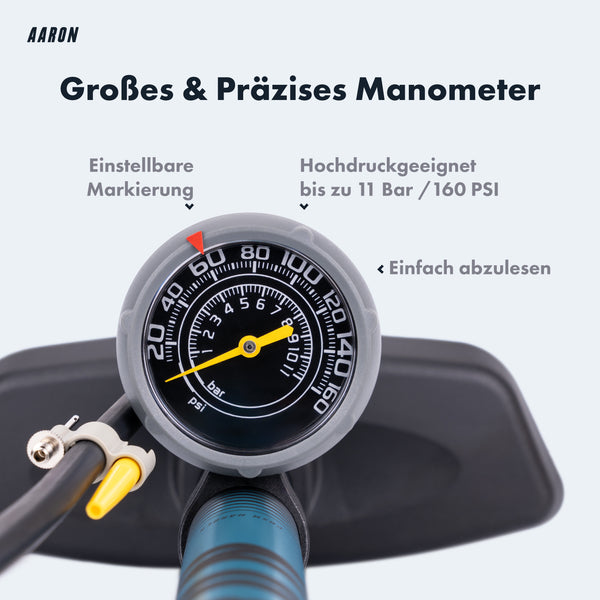 Großes Manometer der AARON Sport One 3.0 Fahrradpumpe - Blau mit klarer Ablesung und gelber Markierung vor hellem Hintergrund