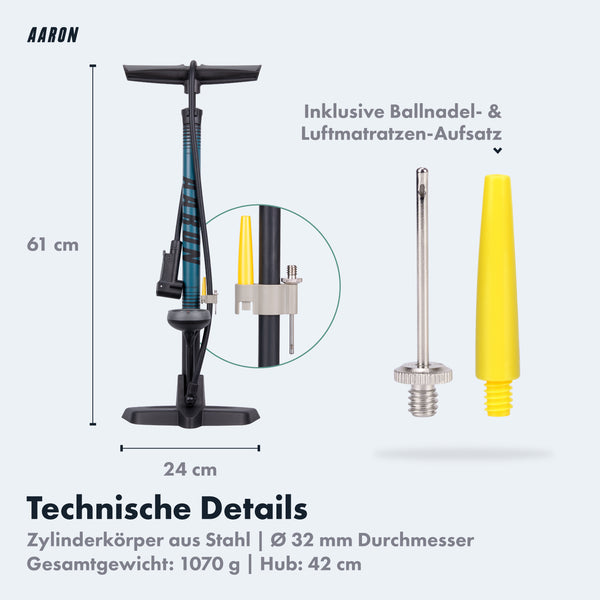 AARON Sport One 3.0 Fahrradpumpe - Blau mit Maßen 61 cm Höhe, Zubehör und technische Details vor weißem Hintergrund
