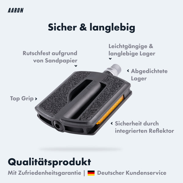 AARON Urban 3.0 Fahrradpedale - Schwarz mit rutschfester Sandpapier-Oberfläche und integriertem Reflektor für sicheren Halt