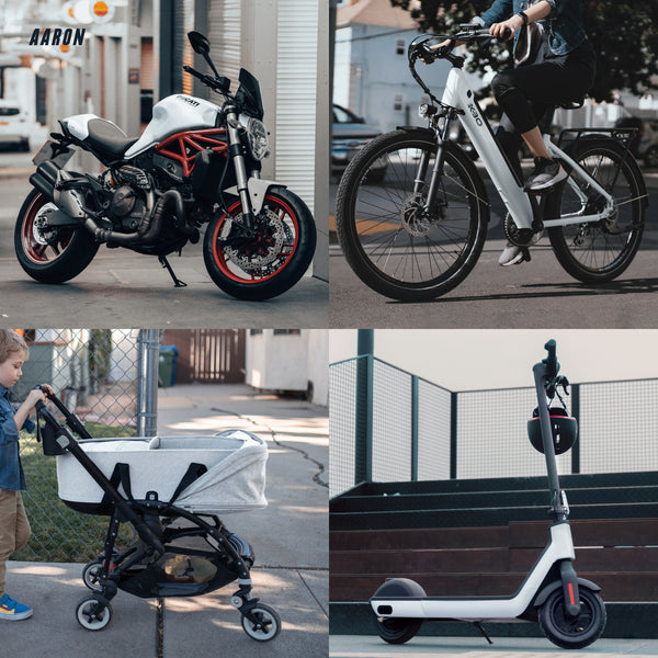 AARON Lock One Fahrradschloss mit Zahlencode - Olive an verschiedenen Fahrzeugen wie Fahrrad, Motorrad, Roller und Kinderwagen.