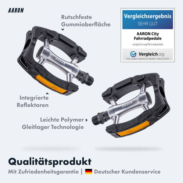 AARON City 2.0 Fahrradpedale - Schwarz mit rutschfester Gummioberfläche und integrierten Reflektoren, Qualitätsprodukt aus Deutschland