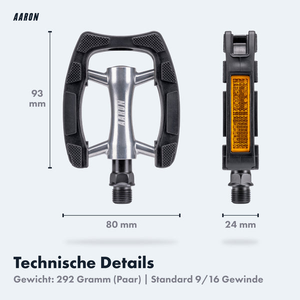 AARON City 2.0 Fahrradpedale - Schwarz mit rutschfester gummierter Oberfläche und seitlichem Reflektor in Detailansicht