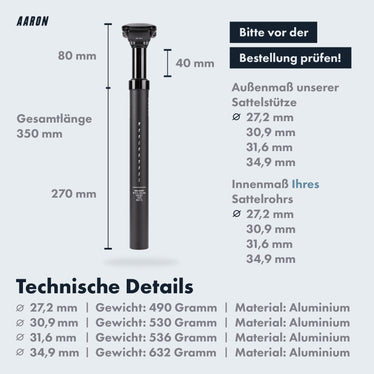 sattelstütze gefedert 31 6 mm AARON Spring Sattelstütze gefedert - 27,2, 30,9, 31,6 oder 34,9 mm