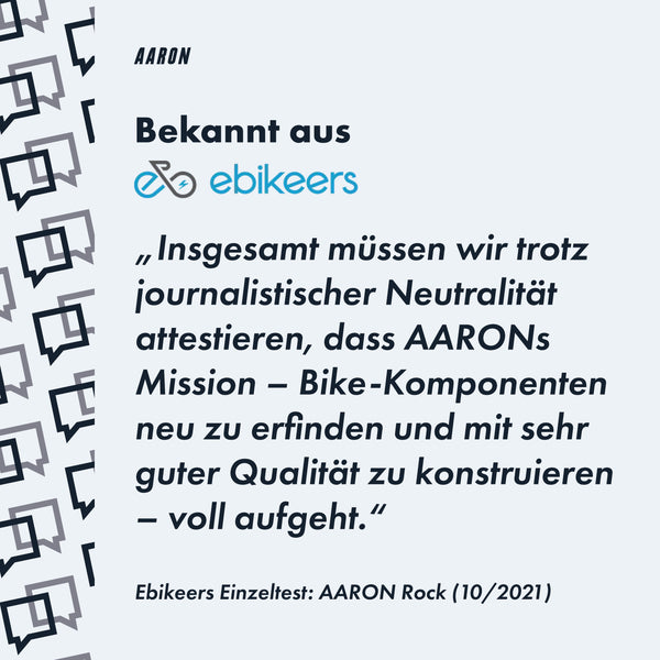Weißer Werbebanner mit blauem Ebikeers-Logo und Zitat zur Produktqualität der AARON Urban 3.0 Fahrradpedale - Schwarz