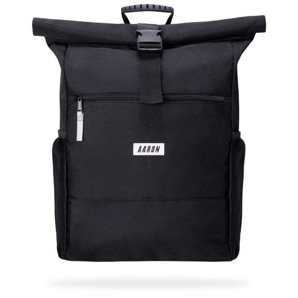 AARON Rolltop Rucksack für Damen und Herren in Schwarz, variabel 18-26L, veganer 600D Polyester, flexibel und vielseitig.