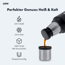 Laden Sie das Bild in den Galerie-Viewer, AARON Flask Thermoskanne, 24h heiß &amp; kalt, für Reise, Sport &amp; Alltag, schwarz und steel