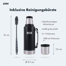 Laden Sie das Bild in den Galerie-Viewer, AARON Flask Thermoskanne, 24h heiß &amp; kalt, für Reise, Sport &amp; Alltag, schwarz und steel