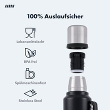 Laden Sie das Bild in den Galerie-Viewer, AARON Flask Thermoskanne, 24h heiß &amp; kalt, für Reise, Sport &amp; Alltag, schwarz und steel