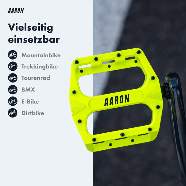 AARON Rock MTB Pedale - Gelb mit großer griffiger Plattform, Industriegelagert und CroMo Achse für vielseitigen Einsatz