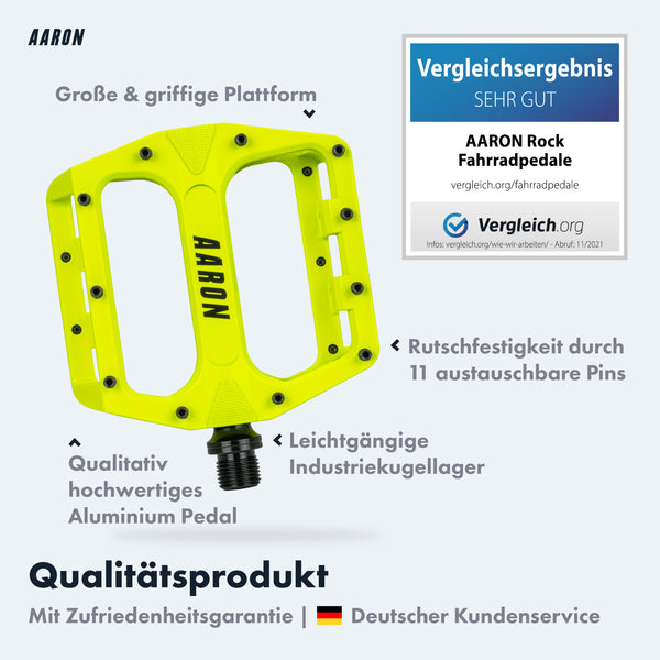 AARON Rock MTB Pedale - Gelb mit großer Plattform, 11 Pins, Aluminium und leichtgängigen Industriekugellagern