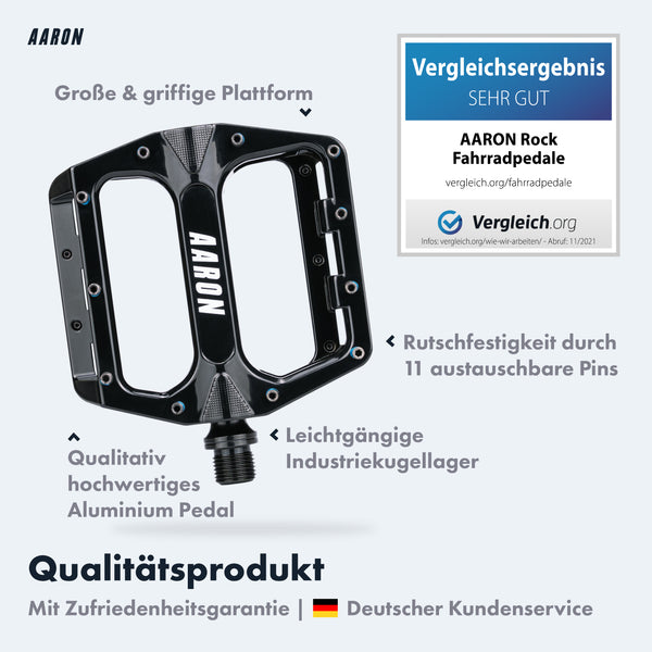 AARON Rock MTB Pedale - Schwarz mit großer Plattform, Industrie-Kugellager und austauschbaren Pins, hochwertiges Aluminium