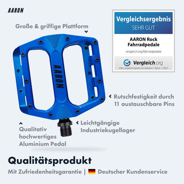 AARON Rock MTB Pedale - Blau mit großer, griffiger Plattform, 11 austauschbaren Pins und robustem Aluminiumgehäuse