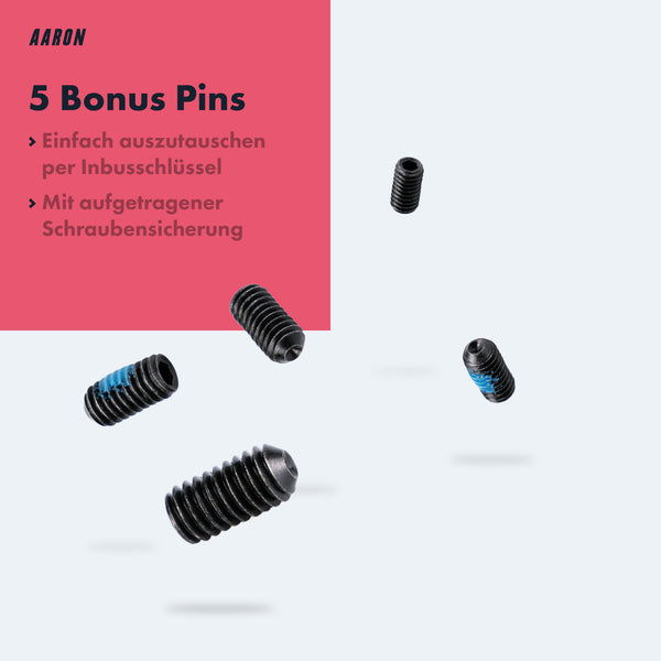 Fünf schwarze Ersatzpins mit Schraubensicherung für AARON Rock MTB Pedale - Schwarz vor hellgrauem Hintergrund
