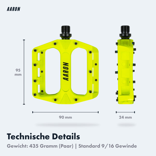 AARON Rock MTB Pedale - Gelb in leuchtendem Gelb mit großem Griffbereich und technischen Details sichtbar