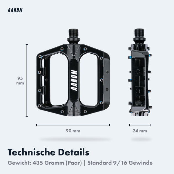 AARON Rock MTB Pedale - Schwarz mit großer Plattform, Aluminium und Industrie Lagerung, technische Maße sichtbar