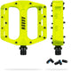 AARON Rock MTB Pedale - Gelb mit großer Plattform und Schrauben, Ansicht von oben und Seite vor weißem Hintergrund