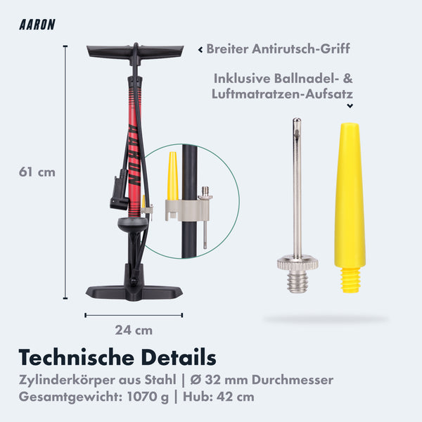 AARON Sport One 3.0 Fahrradpumpe - Rot mit breitem Antirutschgriff und Aufsätzen für Ball und Luftmatratze