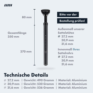 AARON Spring Federsattelstütze mit Gratis Sattel - Sattelstütze in 27,2, 30,9 oder 31,6 mm