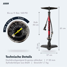 Laden Sie das Bild in den Galerie-Viewer, AARON Sport One Fahrradpumpe für alle Ventile - mit Manometer - Rot inkl. Repair Kit