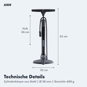 AARON AIR+ Standpumpe mit Manometer mit Ball-Aufsatz und Repair Kit, Schwarz