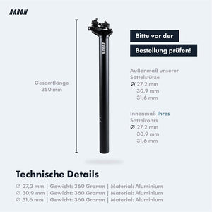 Maße und Gewicht der AARON Post Sattelstütze