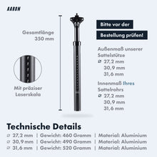 Laden Sie das Bild in den Galerie-Viewer, AARON Shock Federsattelstütze mit 27,2, 30,9 oder 31,6 mm Durchmesser - Schwarz