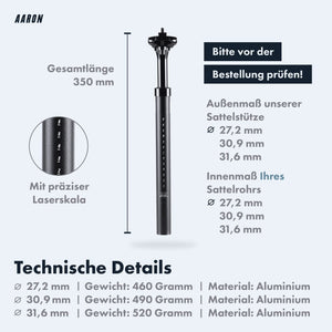 AARON Shock Federsattelstütze mit 27,2, 30,9 oder 31,6 mm Durchmesser - Schwarz