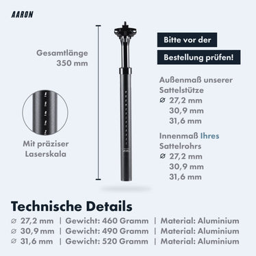 AARON Shock Federsattelstütze mit 27,2, 30,9 oder 31,6 mm Durchmesser
