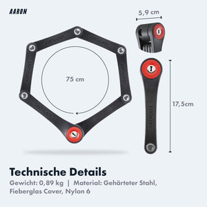 AARON Faltschloss 75cm - Fahrradschloss Sicherheitsstufe 14 - Mini
