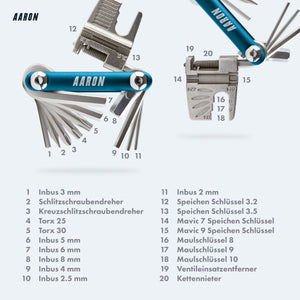 AARON Tool 20 in 1 Multitool - Fahrrad Multifunktionswerkzeug - Blau