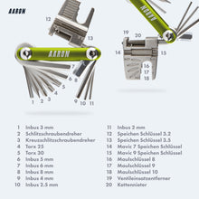 Laden Sie das Bild in den Galerie-Viewer, AARON Tool 20 in 1 Multitool - Fahrrad Multifunktionswerkzeug - Grün