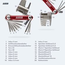 Laden Sie das Bild in den Galerie-Viewer, AARON Tool 20 in 1 Multitool - Fahrrad Multifunktionswerkzeug - Rot