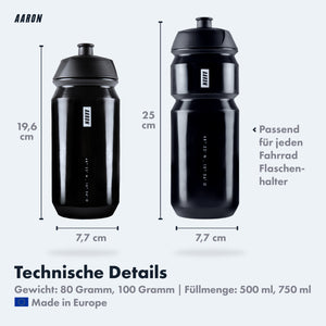 AARON ECO Fahrrad Trinkflasche - 100% Biologisch Abbaubar, BPA-frei - Schwarz